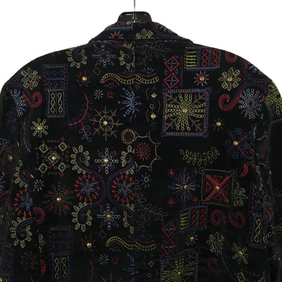 Chicos Black Velvet Embroidered Jacket Blazer 1 US M Boho Artsy Career Studded - Picture 14 of 16